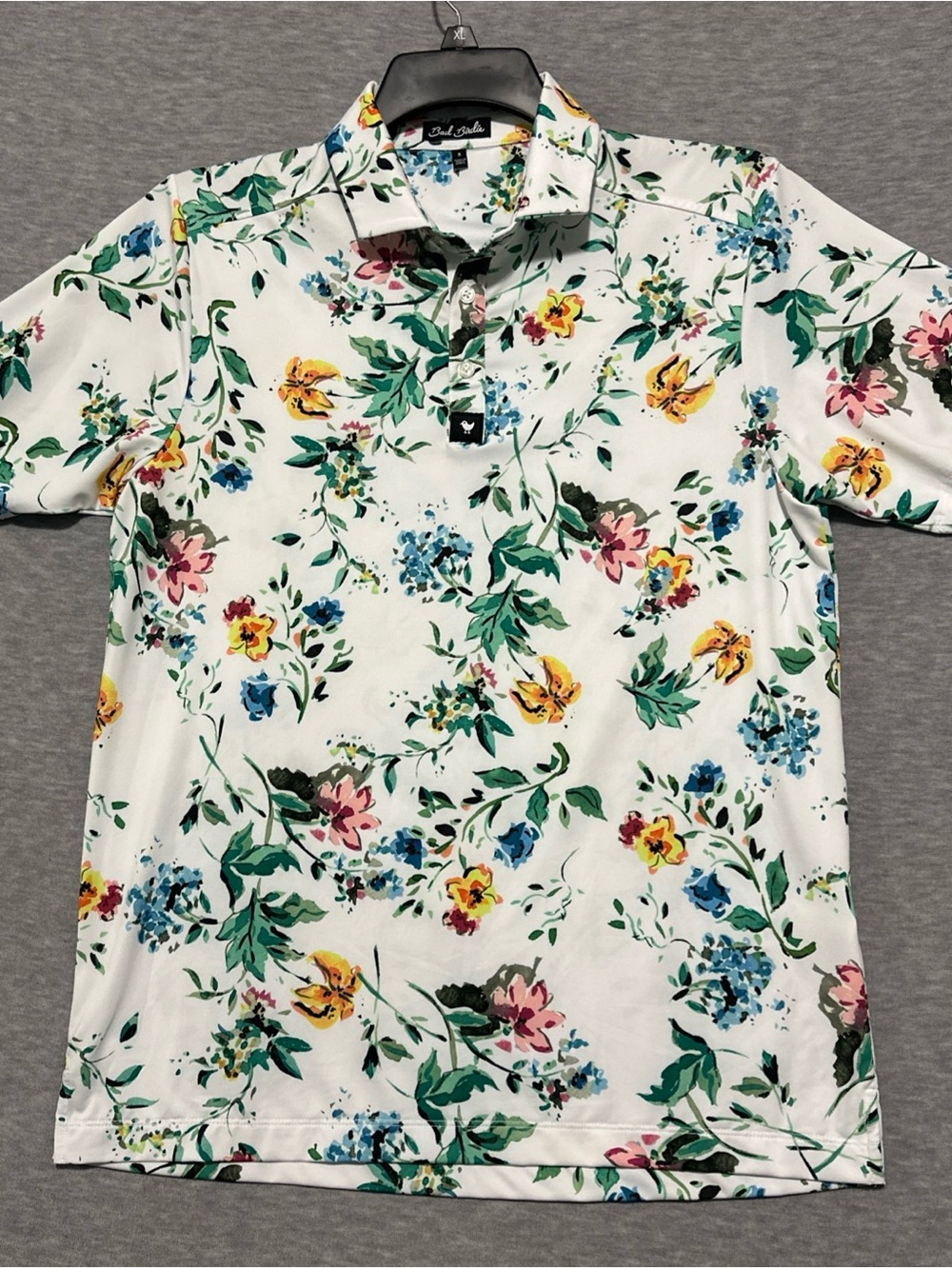 Bad Birdie Golf Polo Men Small White Floral Botanical Performance Stretch Shirt